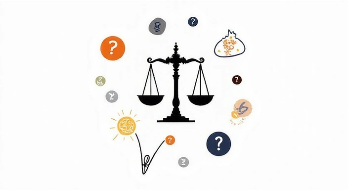 Illustration of a legal disclaimer with a balance scale and question marks